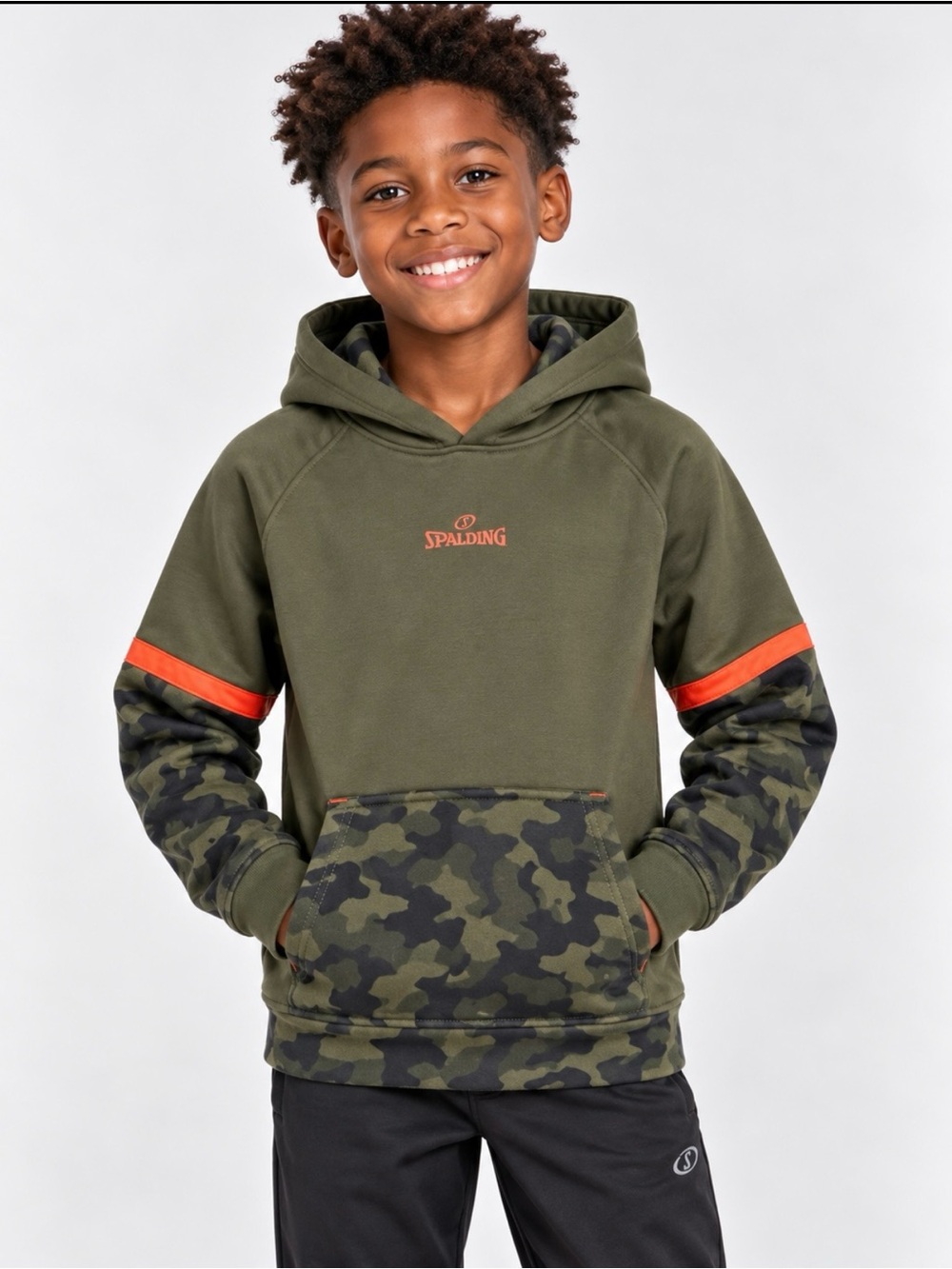 Spalding Boy’s M(10/12) Olive Green Hoodie Camo Accents and Orange Detail NWOT